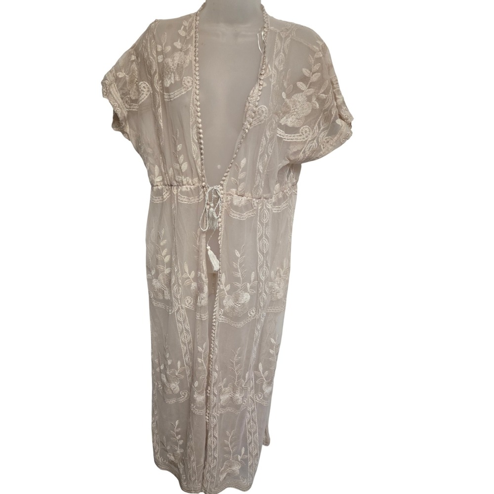 IRIS Lace Kimono Duster Embroidered Floral Ivory Beige Bohemian M‎